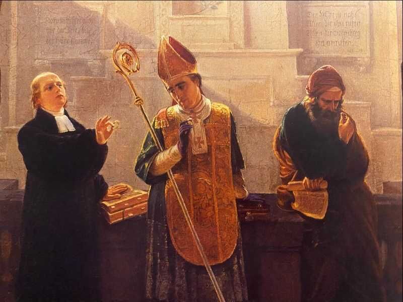 Ringparabel interpretiert nach Moritz Daniel Oppenheim: Ein protestantischer Priester und ein katholischer Bischof schielen auf den Ring des jeweils anderen; rechts steht ein Rabbiner und ist auf seinen RIng fixiert.
