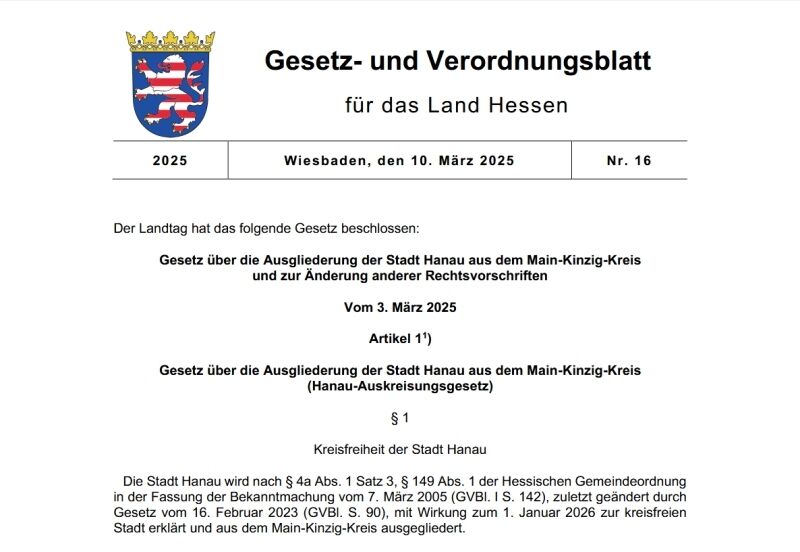 Screenshot des Hanau-Ausgliederungsgesetzes
